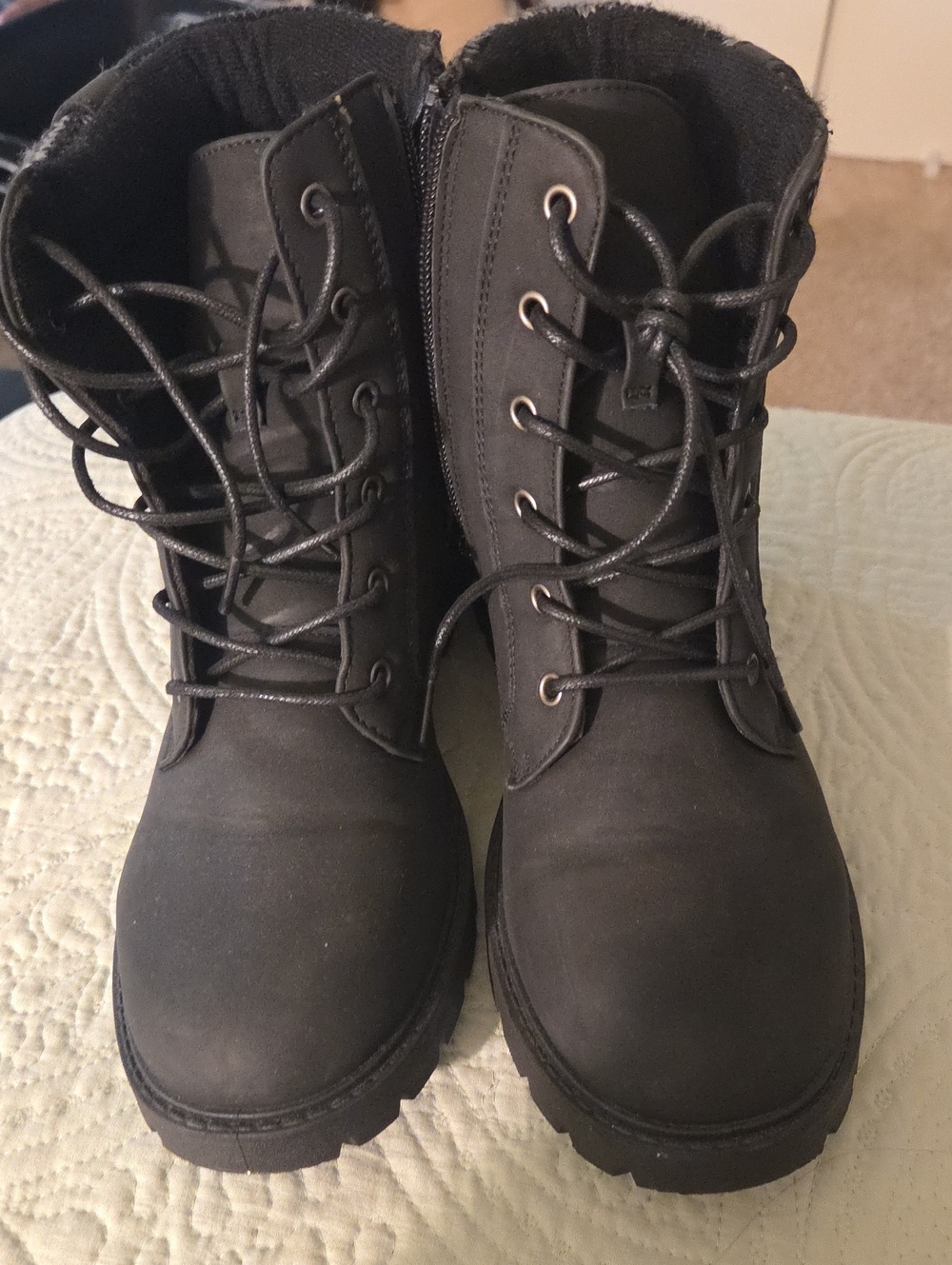 Womens Black Lace-Up Utility Boots with Side Zipper, Only Worn Once.